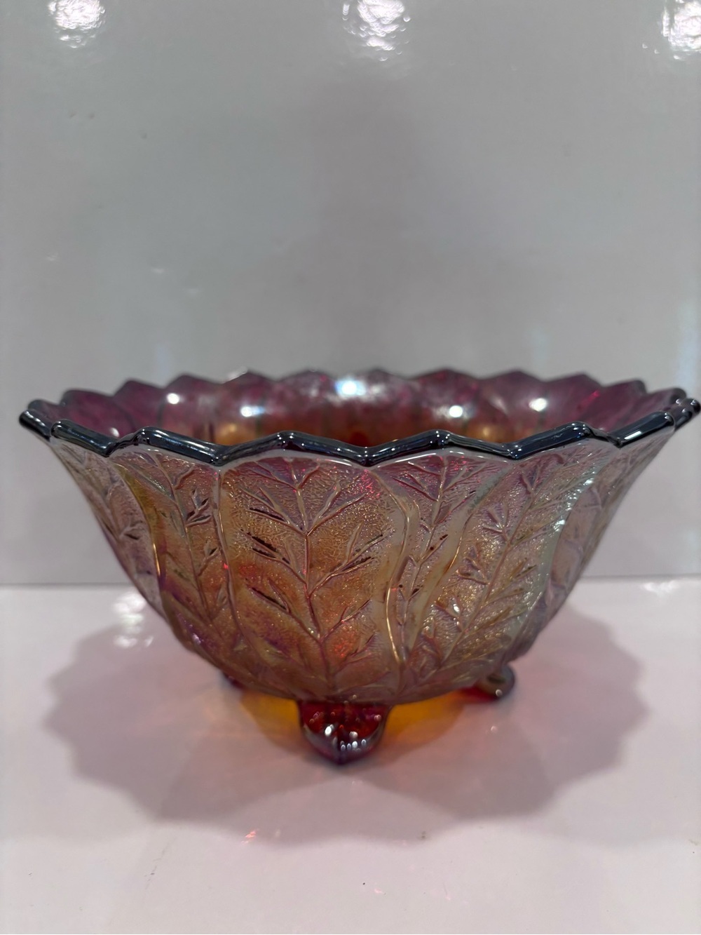 Vintage Imperial Carnival Glass Marigold Leaf Footed Bowl 11” Iridescent 3-Foot